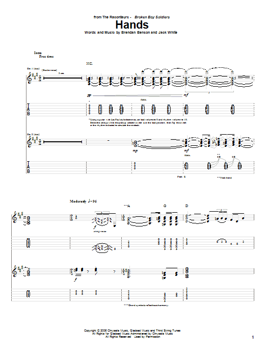 The Raconteurs Hands sheet music notes and chords arranged for Guitar Tab