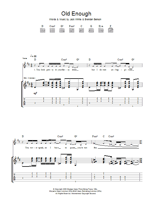 The Raconteurs Old Enough sheet music notes and chords arranged for Guitar Tab