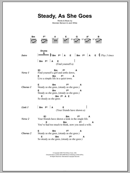 The Raconteurs Steady, As She Goes sheet music notes and chords arranged for Easy Guitar