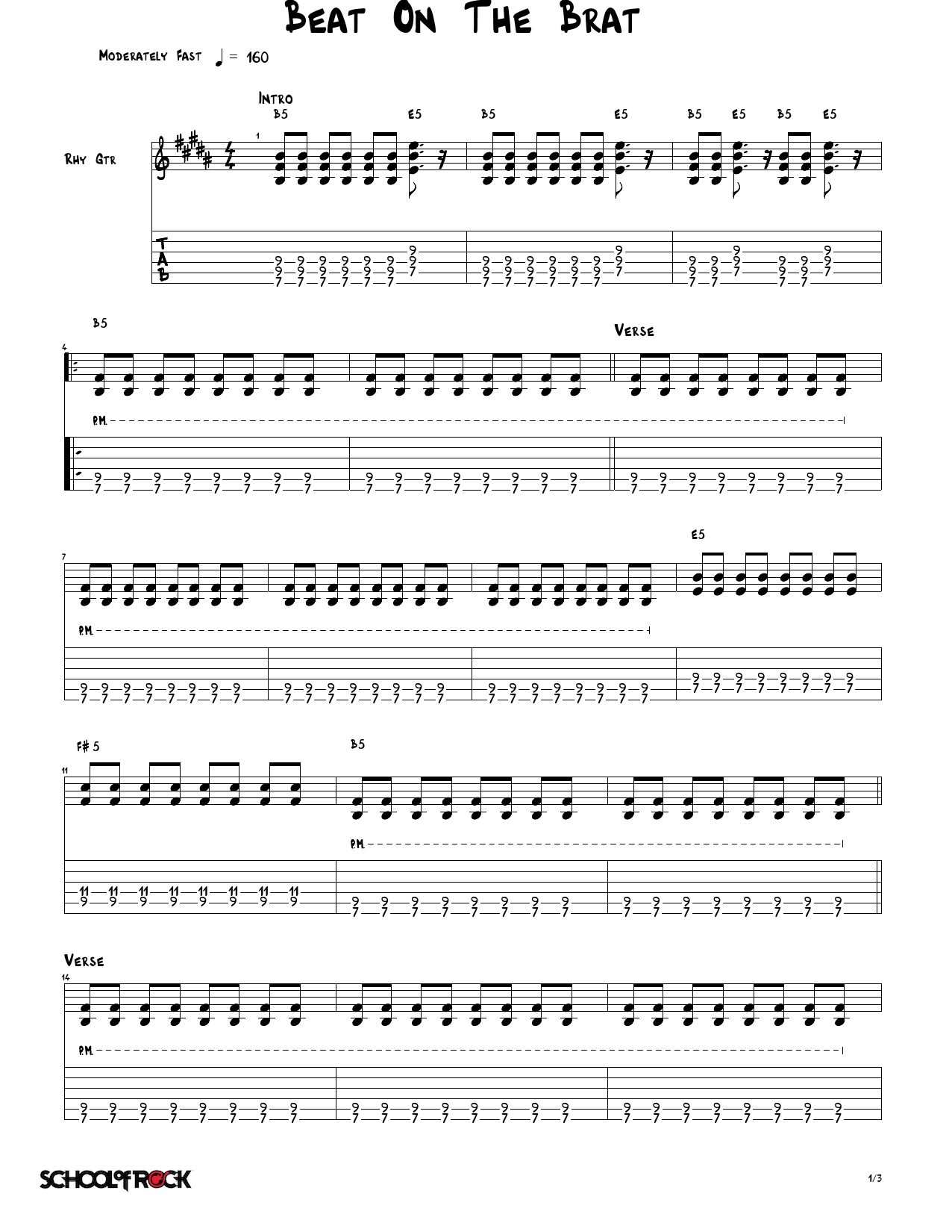 The Ramones Beat On The Brat sheet music notes and chords arranged for School of Rock – Rhythm Guitar Tab