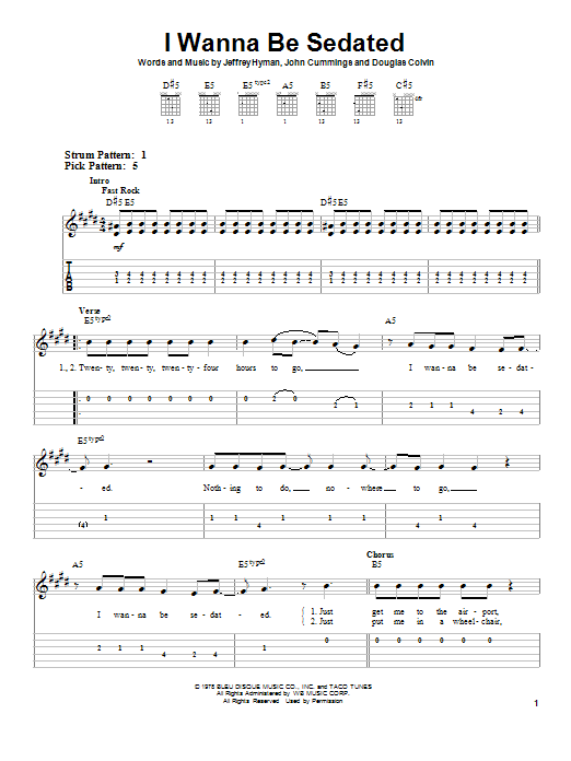 The Ramones I Wanna Be Sedated sheet music notes and chords arranged for Piano, Vocal & Guitar Chords (Right-Hand Melody)