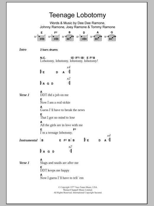 Ramones Teenage Lobotomy sheet music notes and chords arranged for Guitar Chords/Lyrics