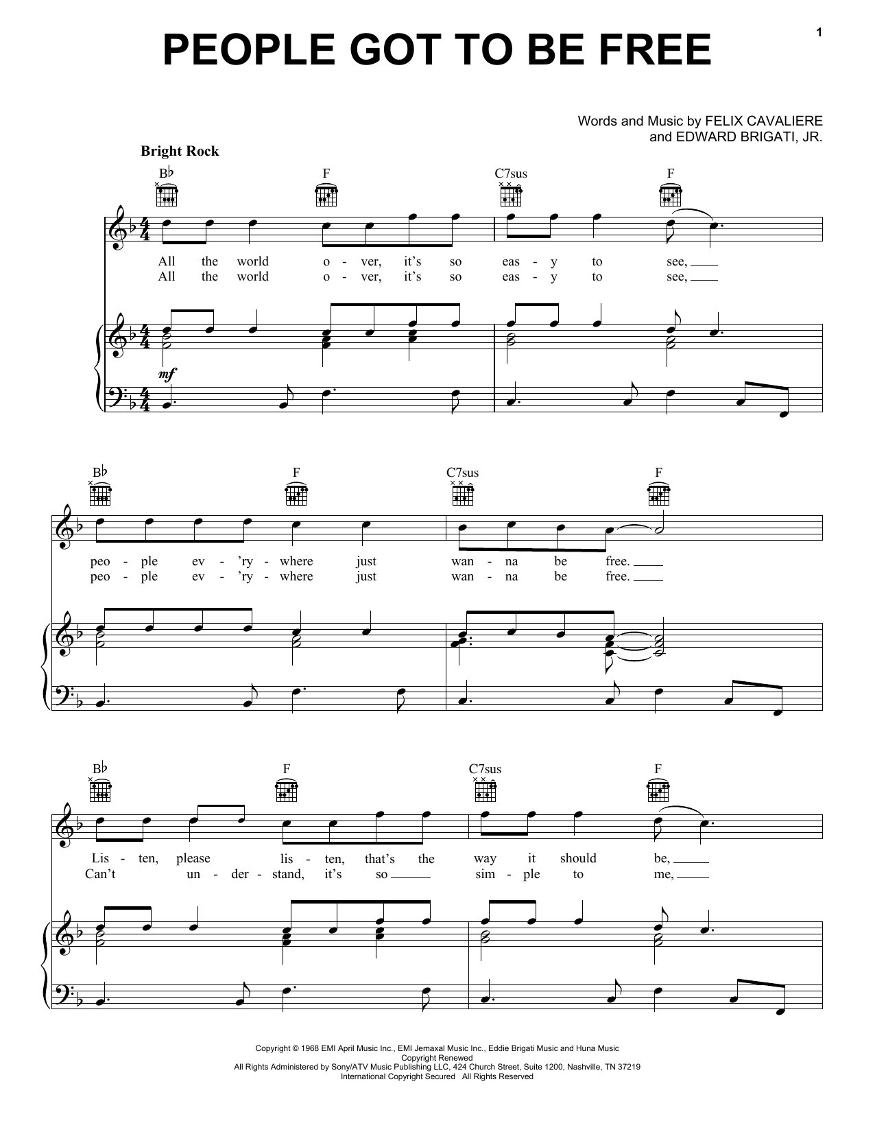 The Rascals People Got To Be Free sheet music notes and chords arranged for 5-Finger Piano