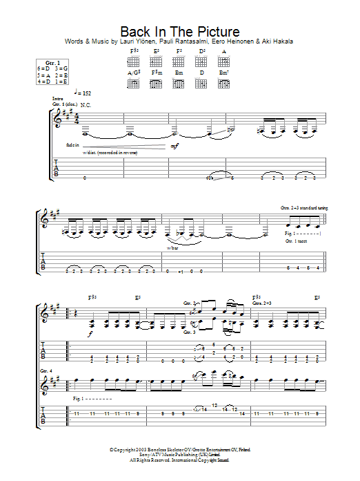 The Rasmus Back In The Picture sheet music notes and chords arranged for Guitar Tab