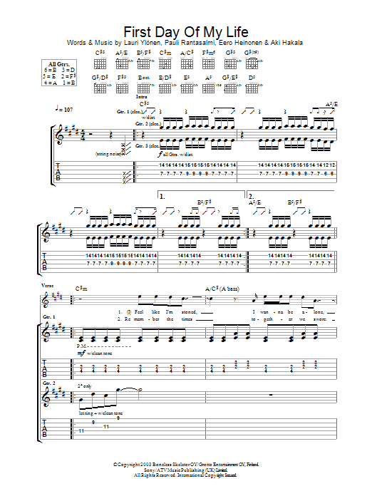 The Rasmus First Day Of My Life sheet music notes and chords arranged for Guitar Tab
