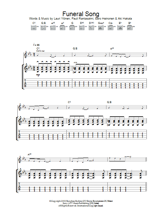 The Rasmus Funeral Song sheet music notes and chords arranged for Guitar Tab