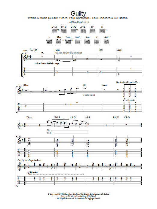 The Rasmus Guilty sheet music notes and chords arranged for Guitar Tab