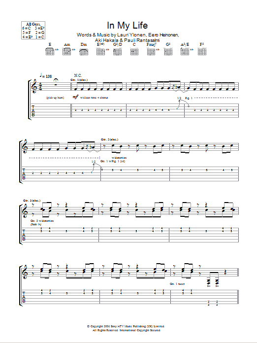 The Rasmus In My Life sheet music notes and chords arranged for Guitar Tab