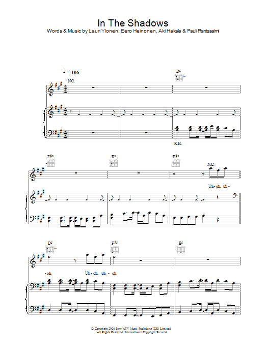 The Rasmus In The Shadows sheet music notes and chords arranged for Piano, Vocal & Guitar Chords