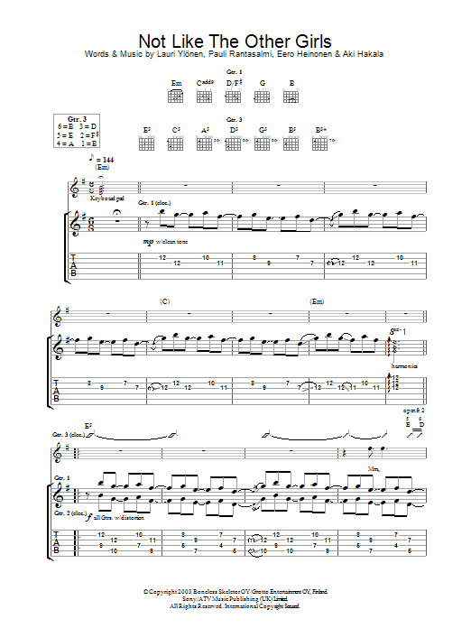 The Rasmus Not Like The Other Girls sheet music notes and chords arranged for Guitar Tab