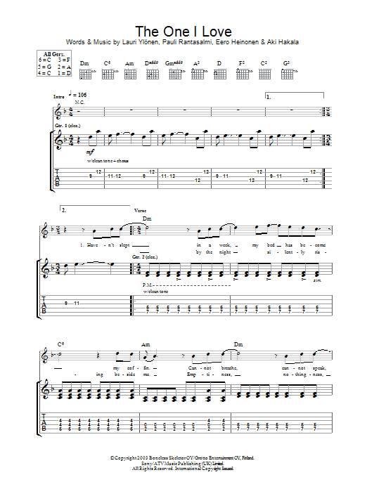 The Rasmus The One I Love sheet music notes and chords arranged for Guitar Tab