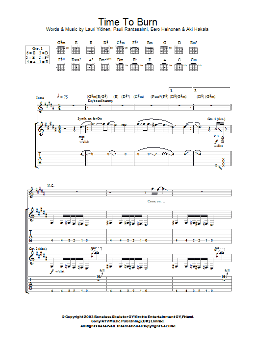 The Rasmus Time To Burn sheet music notes and chords arranged for Guitar Tab