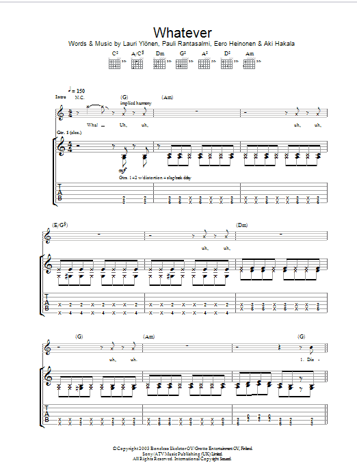 The Rasmus Whatever sheet music notes and chords arranged for Guitar Tab