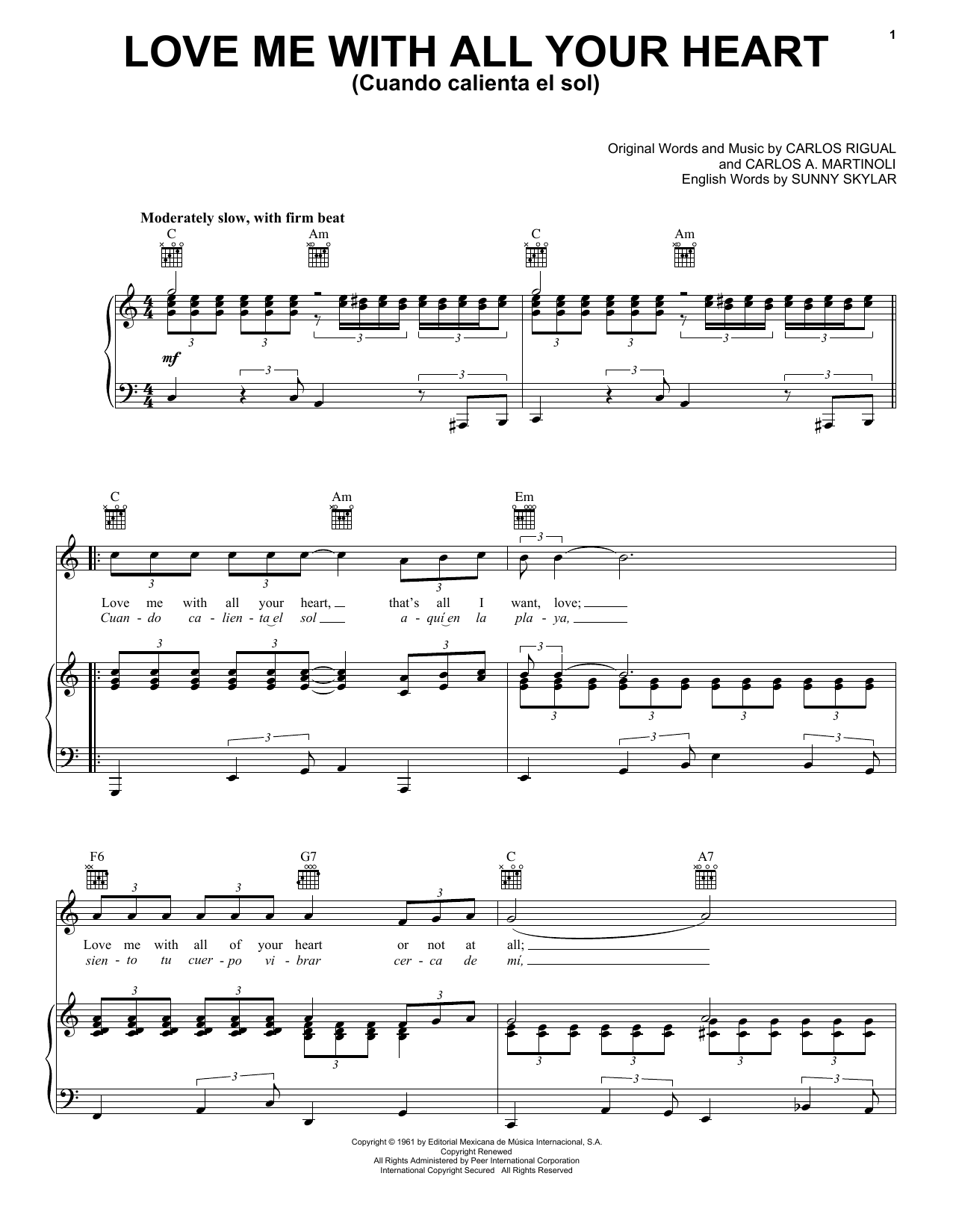 The Ray Charles Singers Love Me With All Your Heart (Cuando Calienta El Sol) sheet music notes and chords arranged for Piano, Vocal & Guitar Chords (Right-Hand Melody)