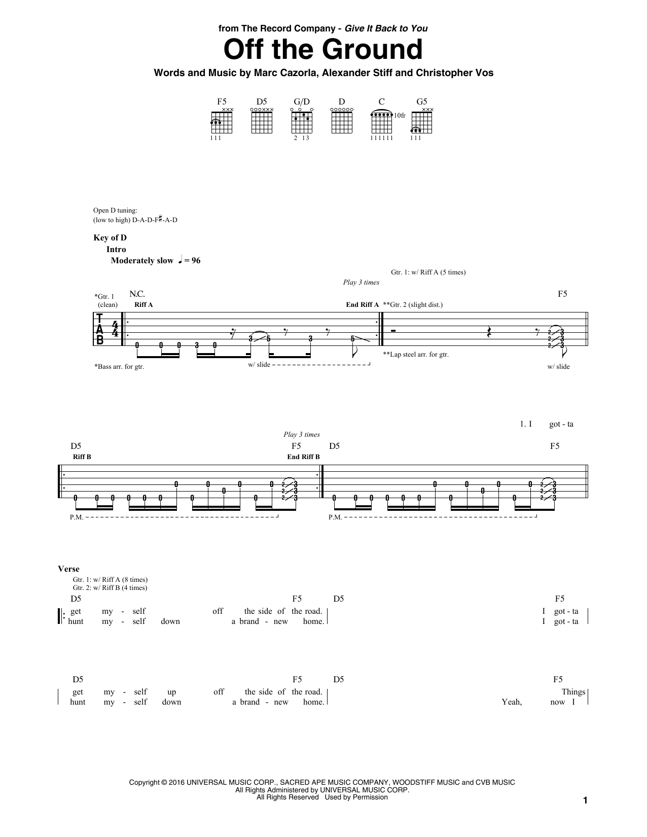 The Record Company Off The Ground sheet music notes and chords arranged for Guitar Rhythm Tab
