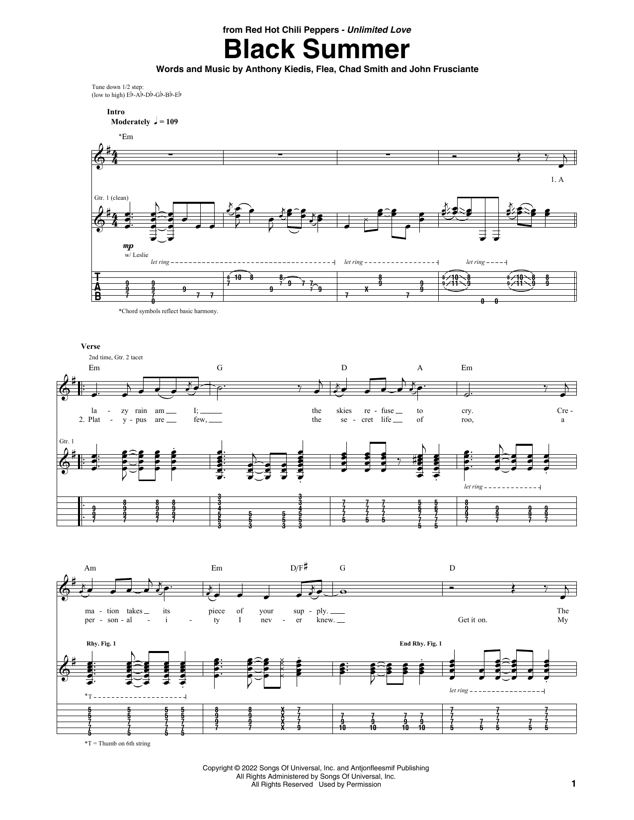 Red Hot Chili Peppers Black Summer sheet music notes and chords arranged for Guitar Tab