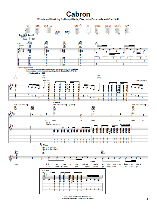 Red Hot Chili Peppers Cabron sheet music notes and chords arranged for Guitar Tab