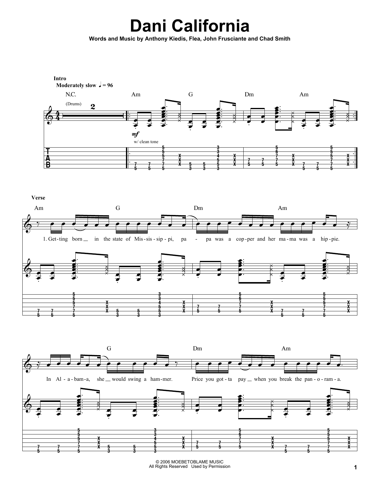 Red Hot Chili Peppers Dani California sheet music notes and chords arranged for Guitar Tab (Single Guitar)