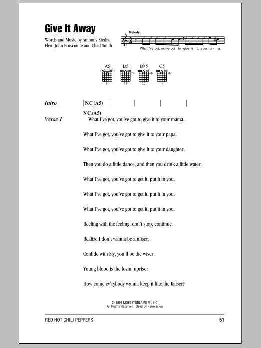Red Hot Chili Peppers Give It Away sheet music notes and chords arranged for Guitar Chords/Lyrics