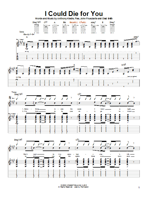 Red Hot Chili Peppers I Could Die For You sheet music notes and chords arranged for Guitar Tab