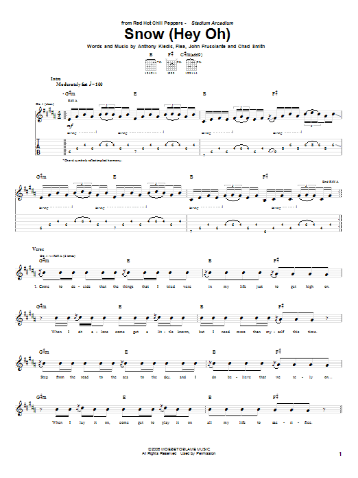 Red Hot Chili Peppers Snow (Hey Oh) sheet music notes and chords arranged for Guitar Tab