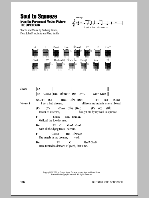 Red Hot Chili Peppers Soul To Squeeze sheet music notes and chords arranged for Guitar Chords/Lyrics