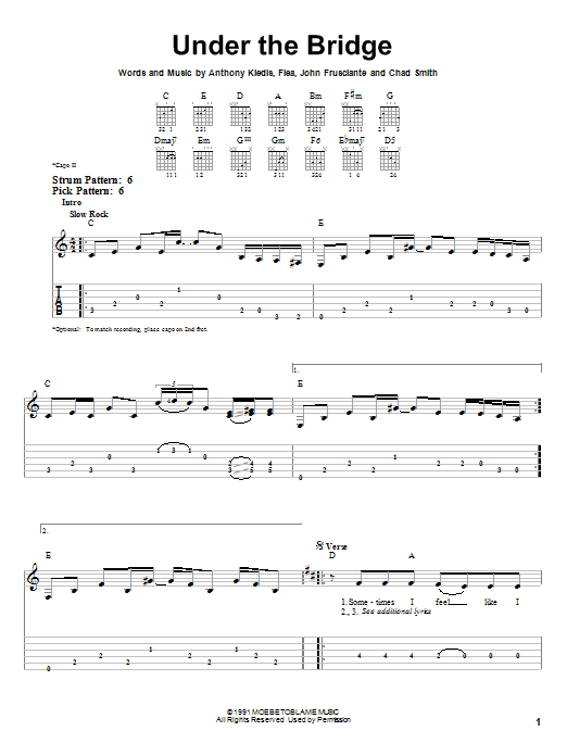Red Hot Chili Peppers Under The Bridge sheet music notes and chords arranged for Easy Guitar Tab