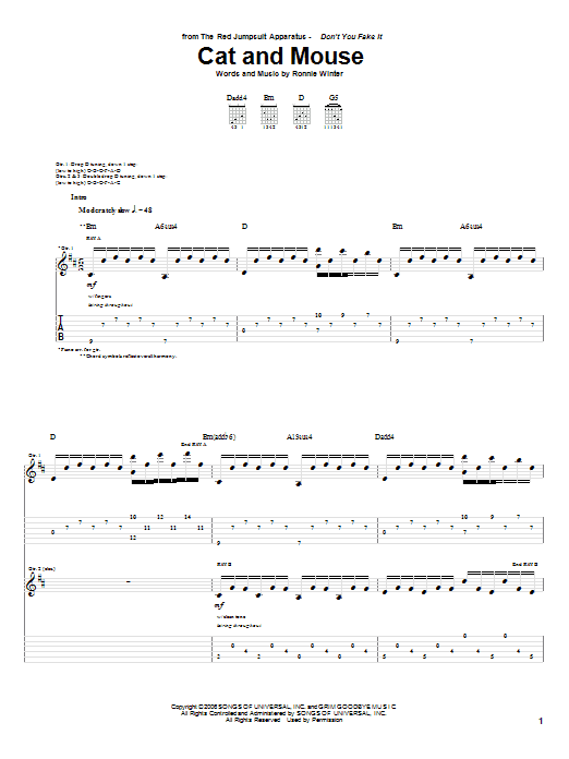 The Red Jumpsuit Apparatus Cat And Mouse sheet music notes and chords arranged for Guitar Tab