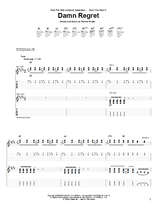 The Red Jumpsuit Apparatus Damn Regret sheet music notes and chords arranged for Guitar Tab