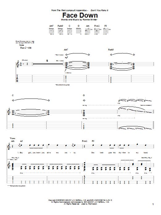 The Red Jumpsuit Apparatus Face Down sheet music notes and chords arranged for Guitar Lead Sheet
