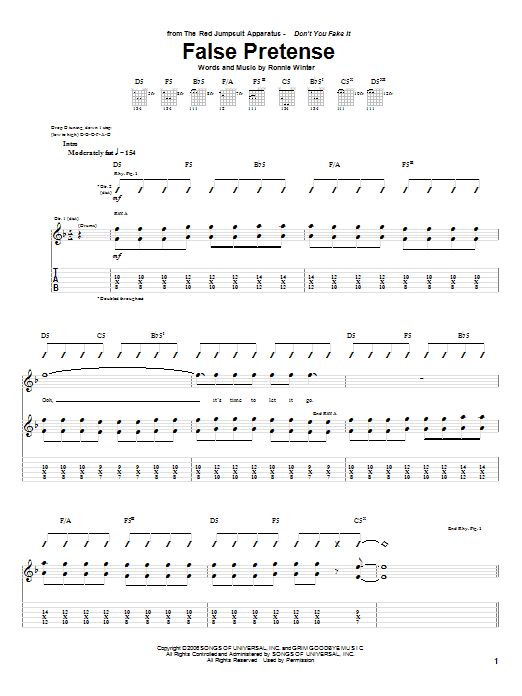 The Red Jumpsuit Apparatus False Pretense sheet music notes and chords arranged for Guitar Tab