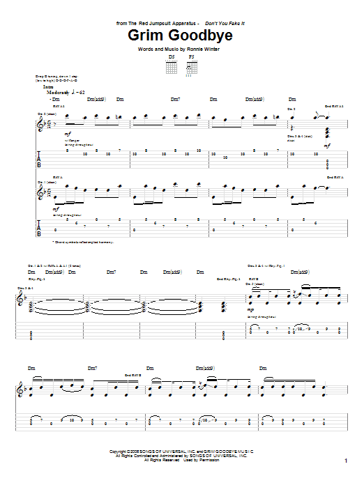 The Red Jumpsuit Apparatus Grim Goodbye sheet music notes and chords arranged for Guitar Tab