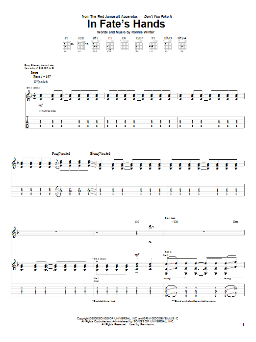 The Red Jumpsuit Apparatus In Fate's Hands sheet music notes and chords arranged for Guitar Tab