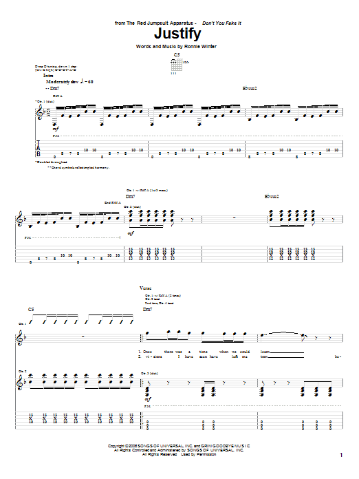 The Red Jumpsuit Apparatus Justify sheet music notes and chords arranged for Guitar Tab