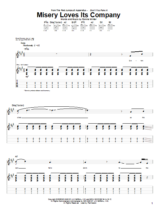 The Red Jumpsuit Apparatus Misery Loves Its Company sheet music notes and chords arranged for Guitar Tab