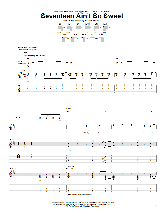 The Red Jumpsuit Apparatus Seventeen Ain't So Sweet sheet music notes and chords arranged for Guitar Tab
