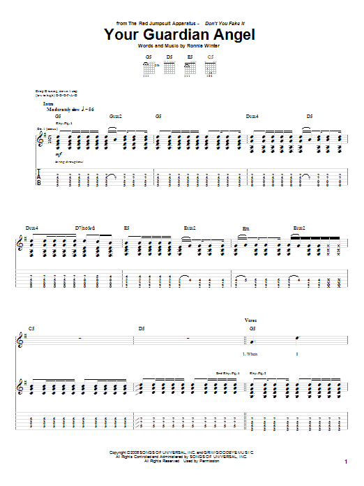 The Red Jumpsuit Apparatus Your Guardian Angel sheet music notes and chords arranged for Guitar Tab