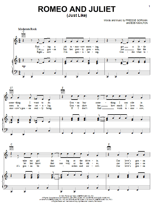 The Reflections Romeo and Juliet (Just Like) sheet music notes and chords arranged for Piano, Vocal & Guitar Chords (Right-Hand Melody)