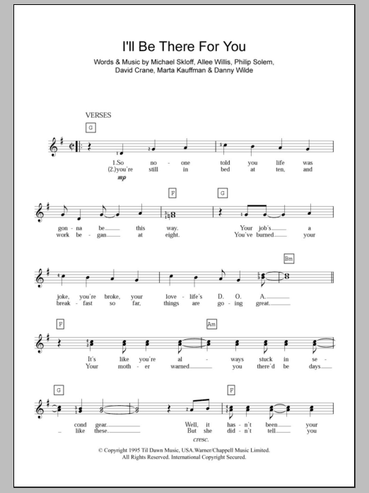 The Rembrandts I'll Be There For You sheet music notes and chords arranged for Piano Chords/Lyrics