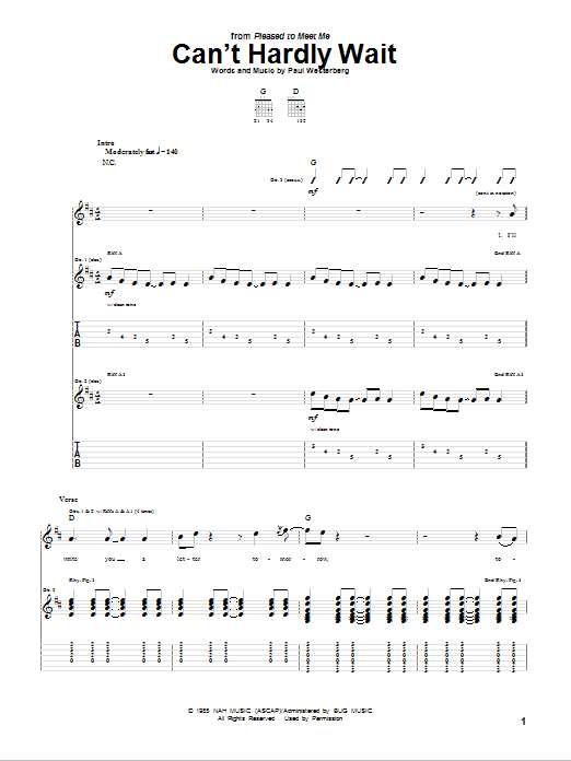 The Replacements Can't Hardly Wait sheet music notes and chords arranged for Guitar Tab