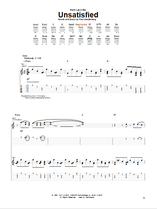 The Replacements Unsatisfied sheet music notes and chords arranged for Guitar Tab