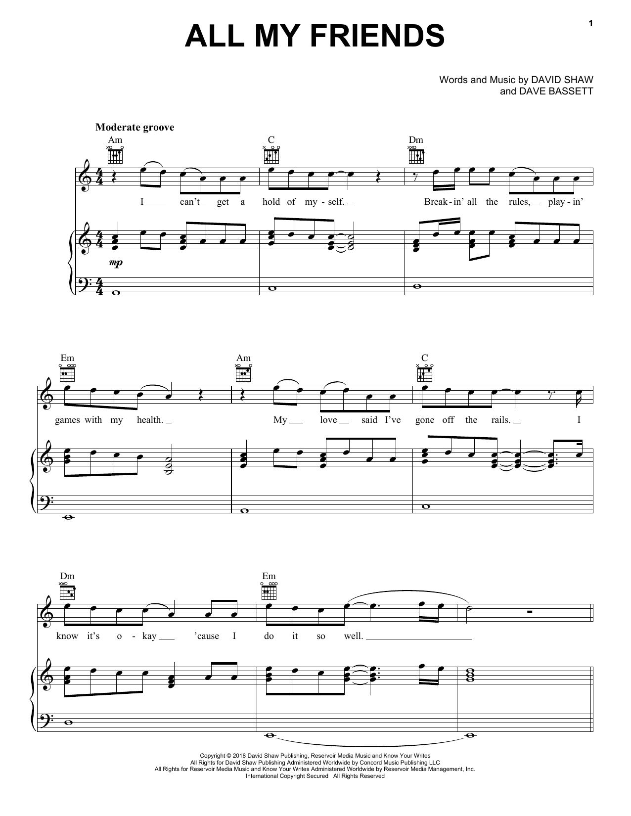 The Revivalists All My Friends sheet music notes and chords arranged for Piano, Vocal & Guitar Chords (Right-Hand Melody)