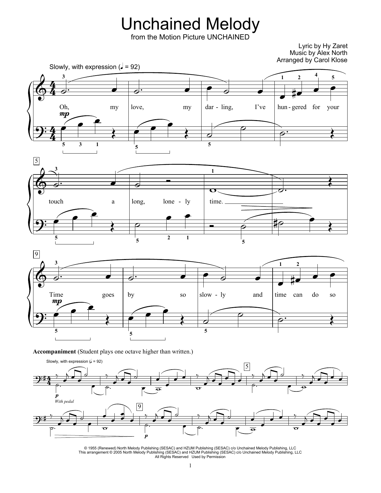 The Righteous Brothers Unchained Melody sheet music notes and chords arranged for Educational Piano