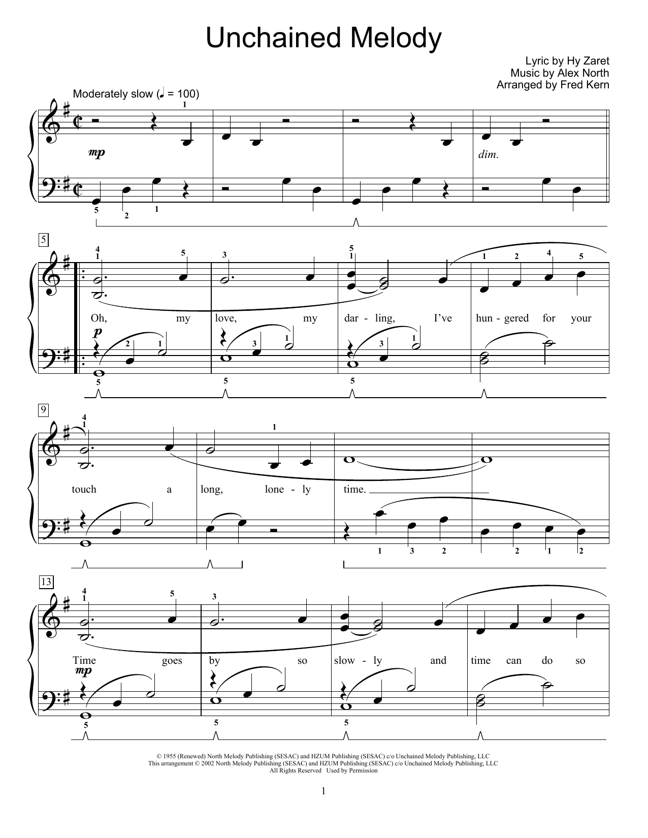 The Righteous Brothers Unchained Melody (arr. Fred Kern) sheet music notes and chords arranged for Educational Piano