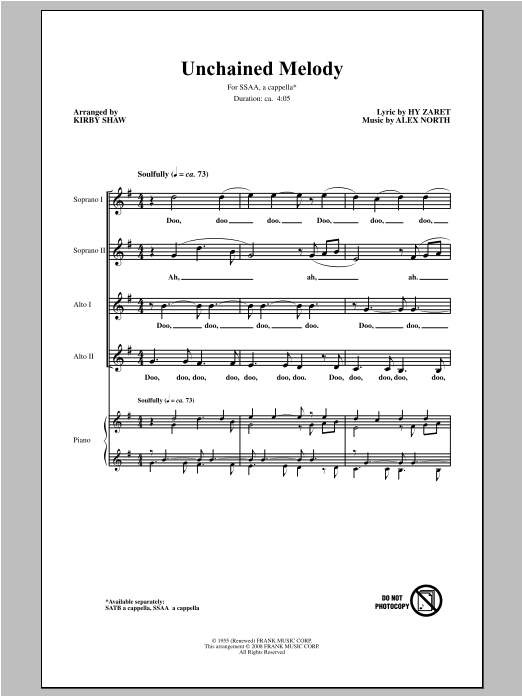 The Righteous Brothers Unchained Melody (Arr. Kirby Shaw) sheet music notes and chords arranged for SSAA Choir