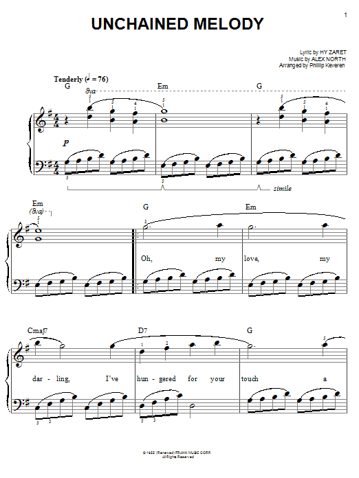 The Righteous Brothers Unchained Melody (arr. Phillip Keveren) sheet music notes and chords arranged for Big Note Piano