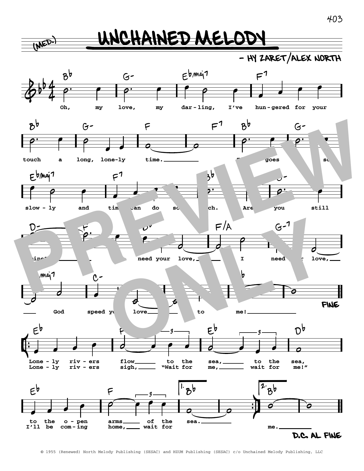 The Righteous Brothers Unchained Melody (High Voice) sheet music notes and chords arranged for Real Book – Melody, Lyrics & Chords