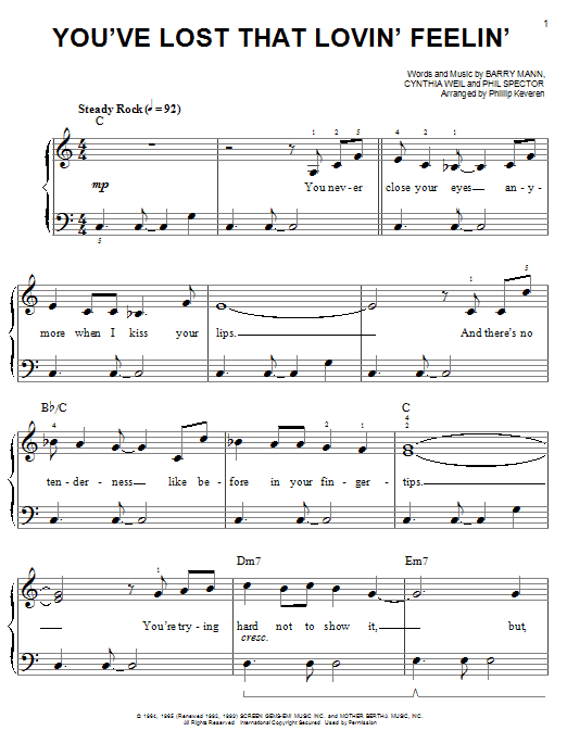 The Righteous Brothers You've Lost That Lovin' Feelin' (arr. Phillip Keveren) sheet music notes and chords arranged for Easy Piano