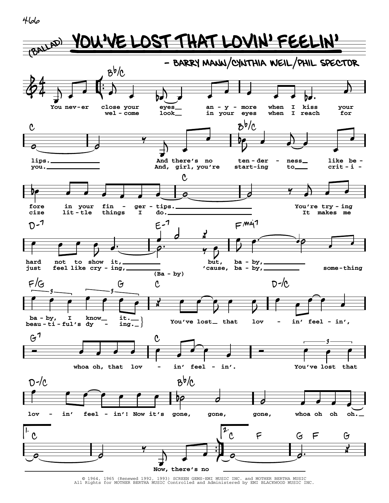The Righteous Brothers You've Lost That Lovin' Feelin' (Low Voice) sheet music notes and chords arranged for Real Book – Melody, Lyrics & Chords