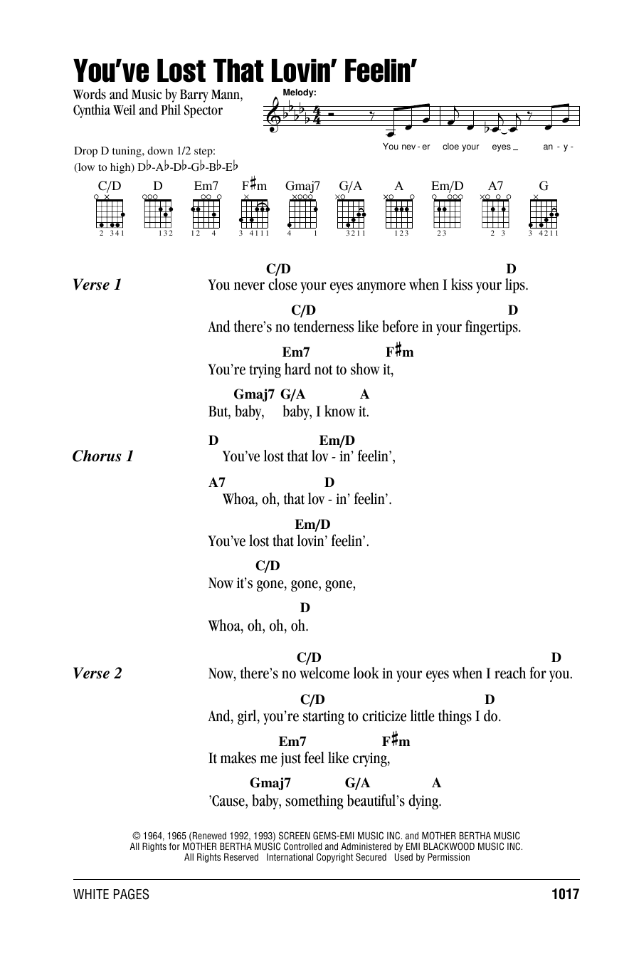 The Righteous Brothers You've Lost That Lovin' Feelin' sheet music notes and chords arranged for Guitar Chords/Lyrics